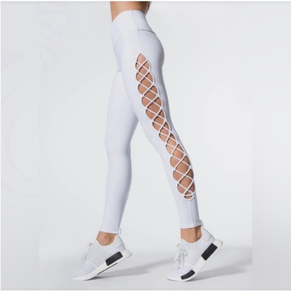 ALO Yoga White High-Waisted Leggings with Lattice Design